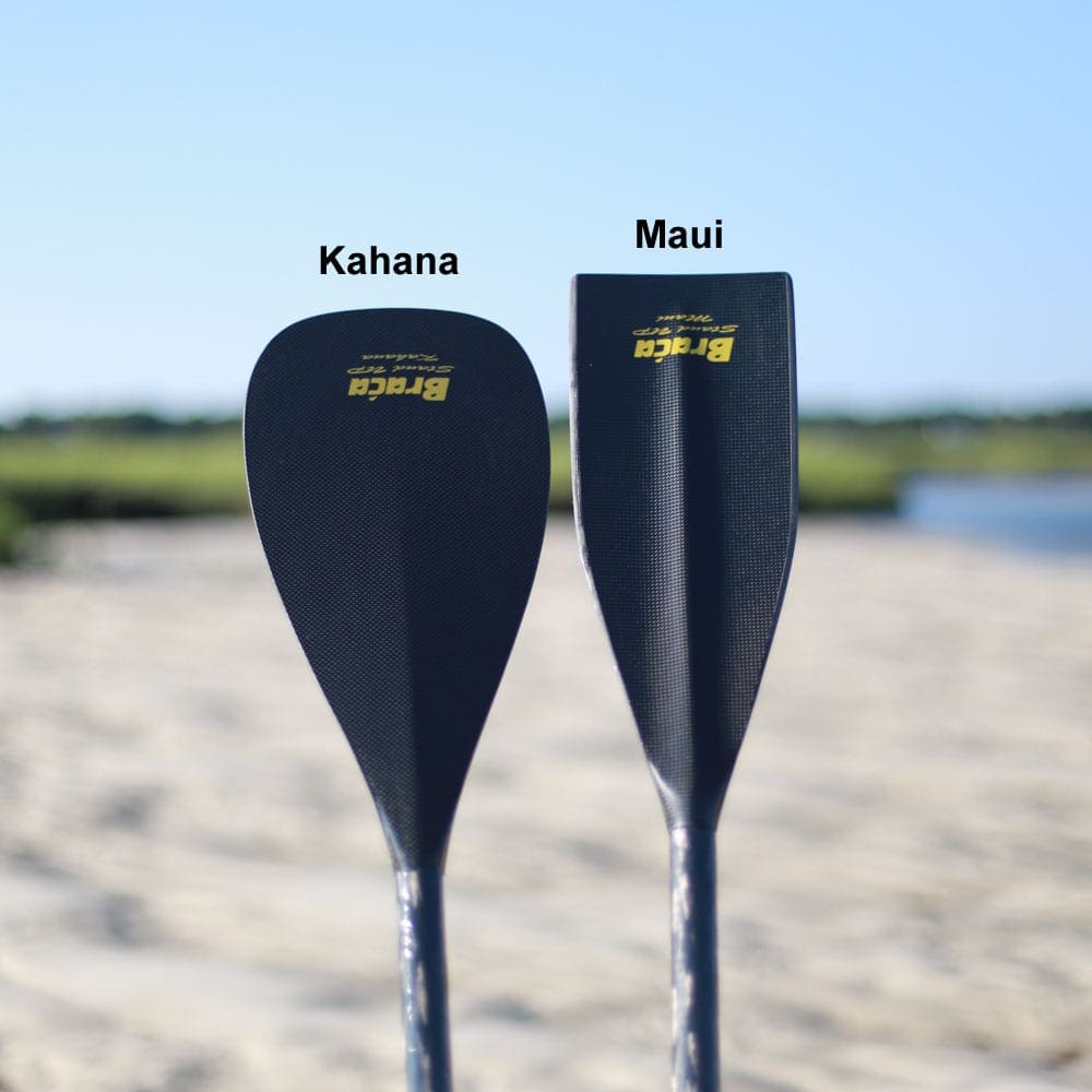 Braca has 2 SUP (stand up) paddles, Maui and Kahana, this is an image of the SUP paddles side-by-side