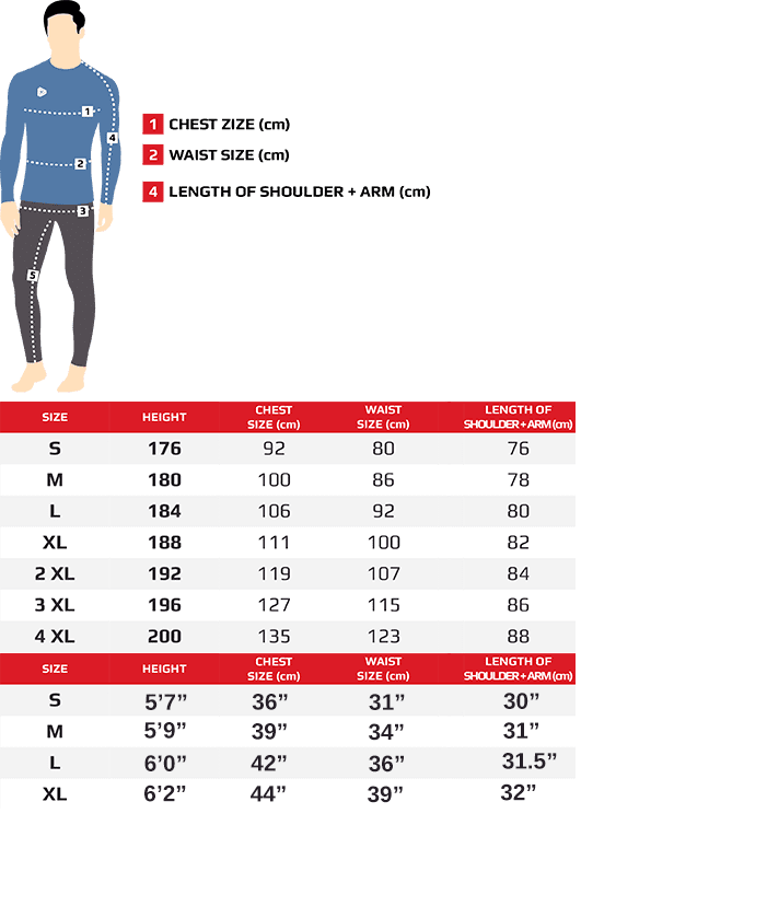 Sizes for performance thermal shirts