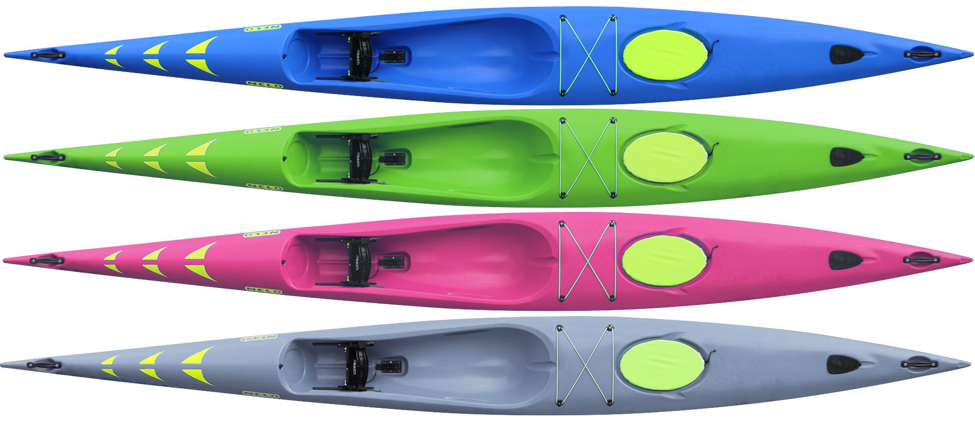 All four Nelo 510 colors, plastic durable surfski