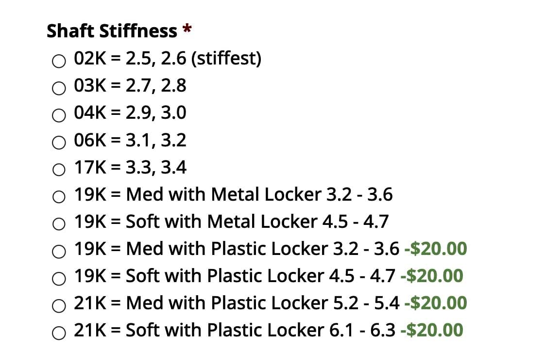 Shaft Stiffness on order form